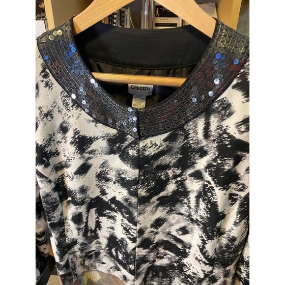 Chico's Geisha Girl Black White Sequined Neckline Colorful Sequin Hem Jacket - Picture 4 of 11
